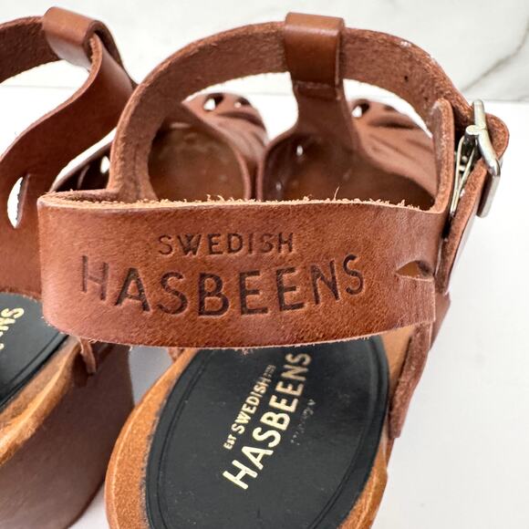 Swedish Hasbeens Women Lacy Sandal Size 36/ 6 Leather Cut Out Boho Neutral Brown - Picture 10 of 12